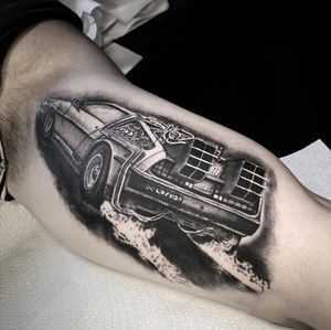 DeLorean Time Machine Black & Grey Realism Tattoo done at Hammersmith Tattoo London