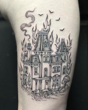 Fine Line Burning House Tattoo done at Hammersmith Tattoo London