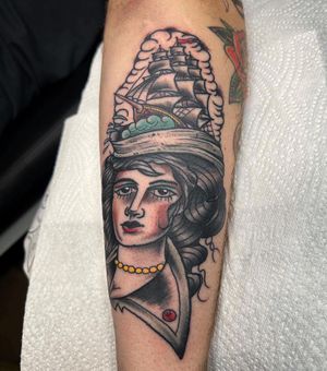 Pirate Lady and Ship Traditional Tattoo done at Hammersmith Tattoo London