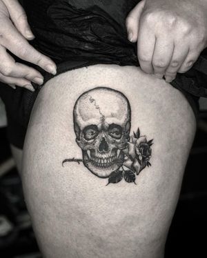 Back and Grey Realism Skull and Rose Tattoo done at Hammersmith Tattoo London