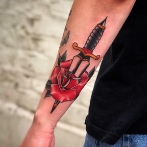 Rose and Dagger Traditional Tattoo done at Hammersmith Tattoo London