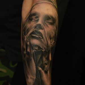 Black and Grey Realism Portrait and veil Tattoo done at Hammersmith Tattoo London