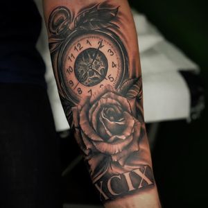 Pocketwatch and Rose Black & Grey Realism Tattoo done at Hammersmith Tattoo London