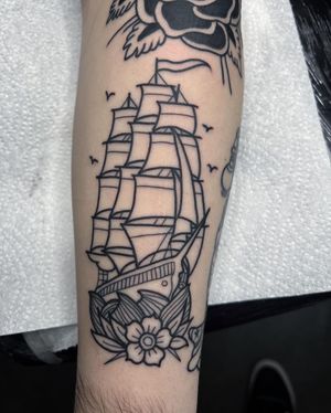 Sailing Ship Outline Traditional Tattoo done at Hammersmith Tattoo London