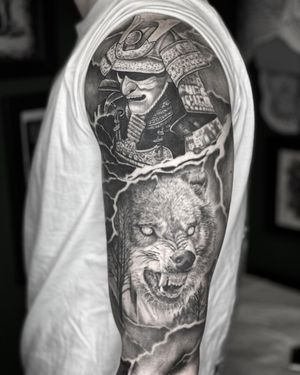 Black and Grey Realism Wolf and Samurai Tattoo done at Hammersmith Tattoo London