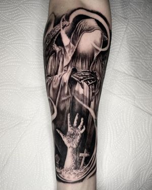 Grim Reaper Black & Grey Realism Tattoo done at Hammersmith Tattoo London