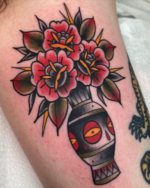 Flowers and Vase Traditional Tattoo done at Hammersmith Tattoo London