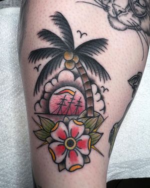 Beach and Palm Landscape Traditional Tattoo done at Hammersmith Tattoo London