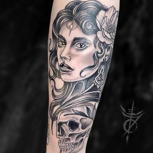 Woman and Skull Neo Traditional Tattoo done at Hammersmith Tattoo London