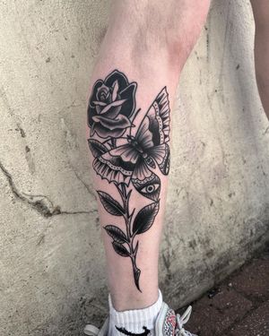 Blackwork Butterfly and Rose Tattoo done at Hammersmith Tattoo London