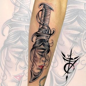 Woman's Face and Dagger Neo Traditional Tattoo done at Hammersmith Tattoo London