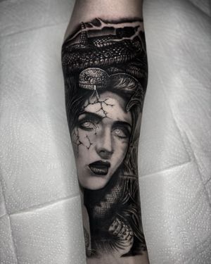 Medusa Black & Grey Realism Tattoo done at Hammersmith Tattoo London