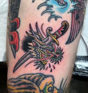 Dragon and Dagger Traditional Tattoo done at Hammersmith Tattoo London