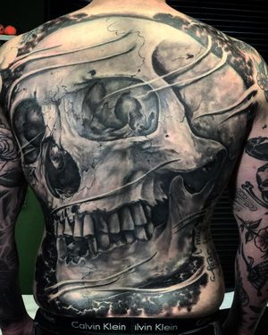 Skull Backpiece Black & Grey Realism Tattoo done at Hammersmith Tattoo London