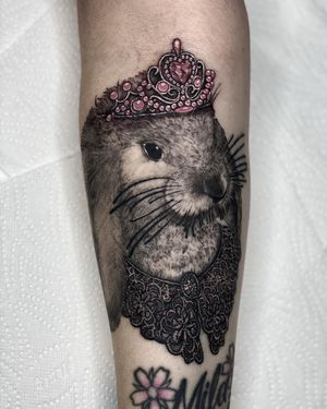 Rabbit and Tiara Black & Grey Realism Tattoo done at Hammersmith Tattoo London