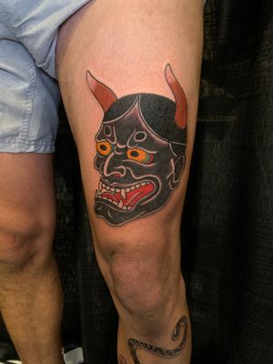 Exquisite Japanese hannya tattoo by Andrea Furci on upper leg, showcasing intricate design and powerful symbolism.