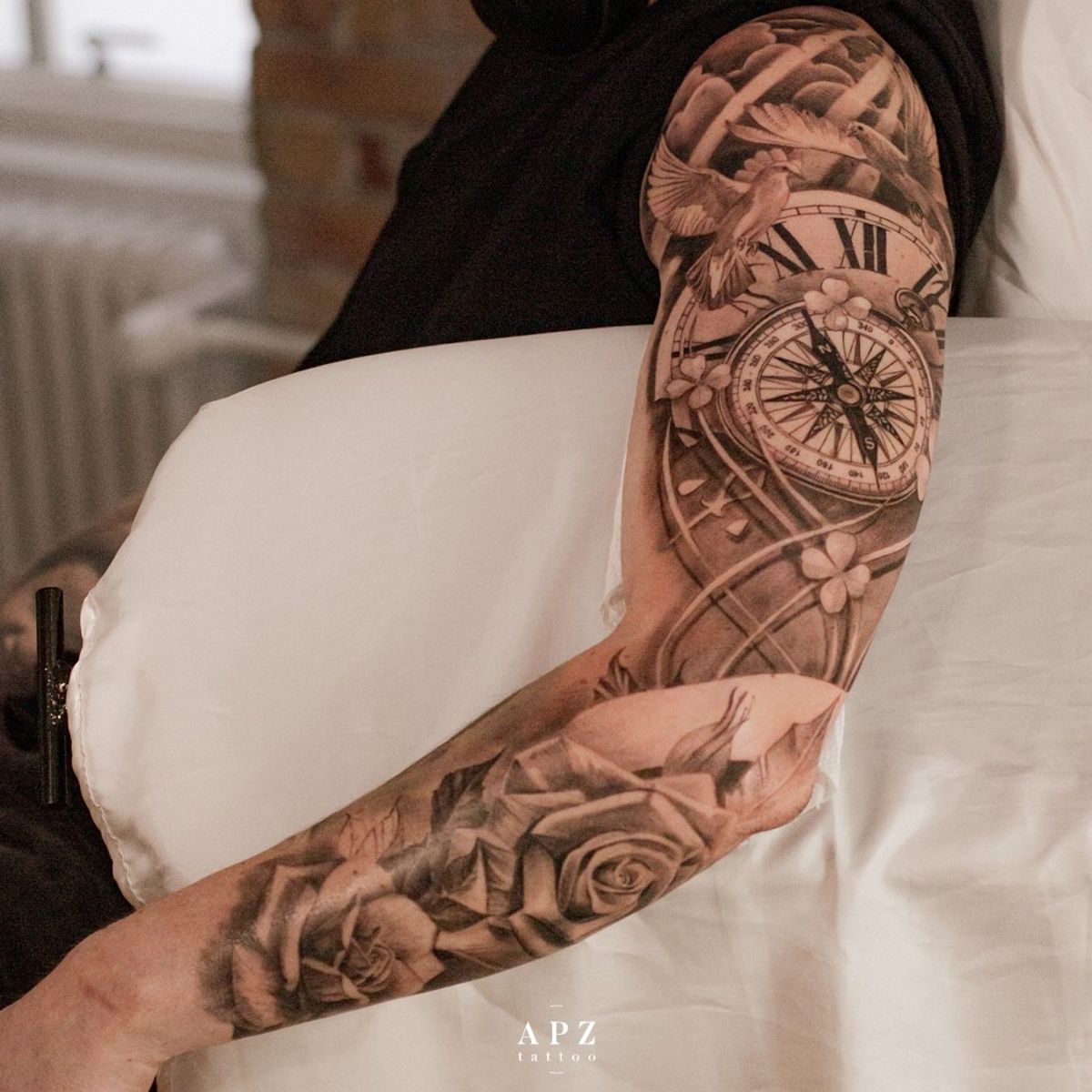 Tattoo uploaded by Apz Tattoo Artist • Black and gray Clock, Compass ...