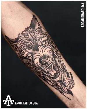 Wolf Tattoo By Sagar Dharoliya At Angel Tattoo Goa - Best Tattoo Artist in Goa - Best Tattoo Studio in Goa #angeltattoogoa #angeltattoostudiogoa #besttattooartistingoa #besttattoostudioingoa #tattooingoa #goatattoo
