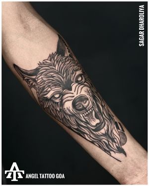 Wolf Tattoo By Sagar Dharoliya At Angel Tattoo Goa - Best Tattoo Artist in Goa - Best Tattoo Studio in Goa #angeltattoogoa #angeltattoostudiogoa #besttattooartistingoa #besttattoostudioingoa #tattooingoa #goatattoo
