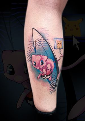 Express your love for anime and Pokemon with this adorable new school Mew tattoo by the talented artist Artemis.