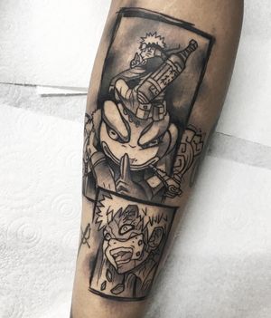Get inked with Artemis' blackwork design of Naruto as a kid on your lower leg for a bold and unique anime-inspired tattoo.