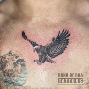 Get a stunning eagle tattoo on your chest in mesmerizing black & gray tones by Raa, showcasing the ultimate symbol of power and freedom.