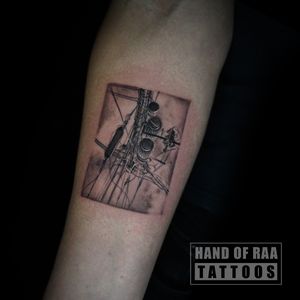 Photograph inspired micro realism tattoo of power lines from Japan.