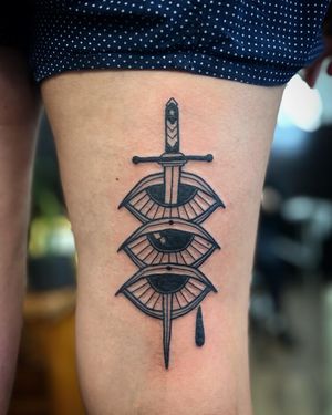 Adrimetric's striking blackwork design of a sword piercing through a realistic eye, creating a powerful and mysterious tattoo.