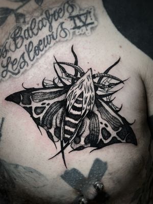 Exquisite hand tattoo featuring a beautiful fusion of a moth and butterfly in black and gray, expertly executed by Kike Krebs.