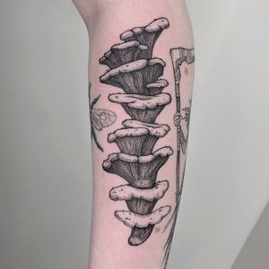 Express your love for nature with this intricate blackwork mushroom design, expertly crafted by Alien Ink. Unique and mesmerizing!
