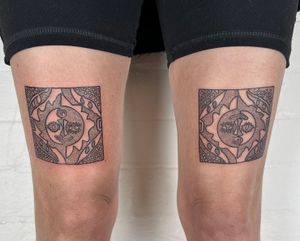 Elegant black and gray fine line design featuring sun, moon, and intricate patterns by Jack Henry Tattoo.