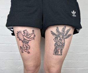 Upper leg tattoo by Jack Henry featuring a devil and angel with fine line and traditional black and gray style.