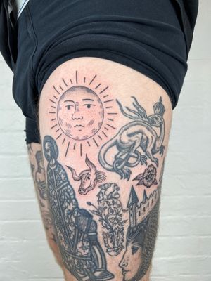 Admire the intricately detailed sun and cow surrounded by rays in this stunning black and gray fine line tattoo by Jack Henry.