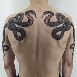Experience the mesmerizing beauty of a black and gray illustrative snake tattoo expertly crafted by Alien Ink.