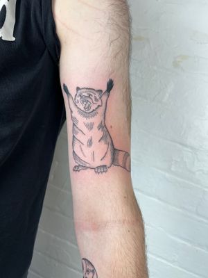 Unique black and gray tattoo of a raccoon, expertly done by Jack Henry Tattoo on the upper arm.