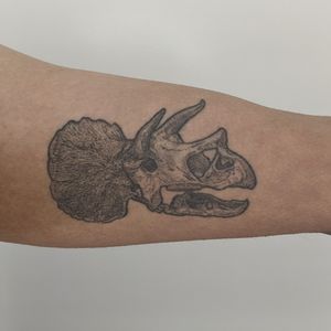 Unique blackwork and dotwork design of a skull merged with a triceratops dinosaur, hand-poked by Alien Ink.