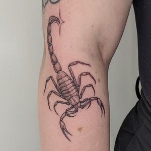 Unique blackwork design of a scorpion done in hand-poke style by Alien Ink, with illustrative details.