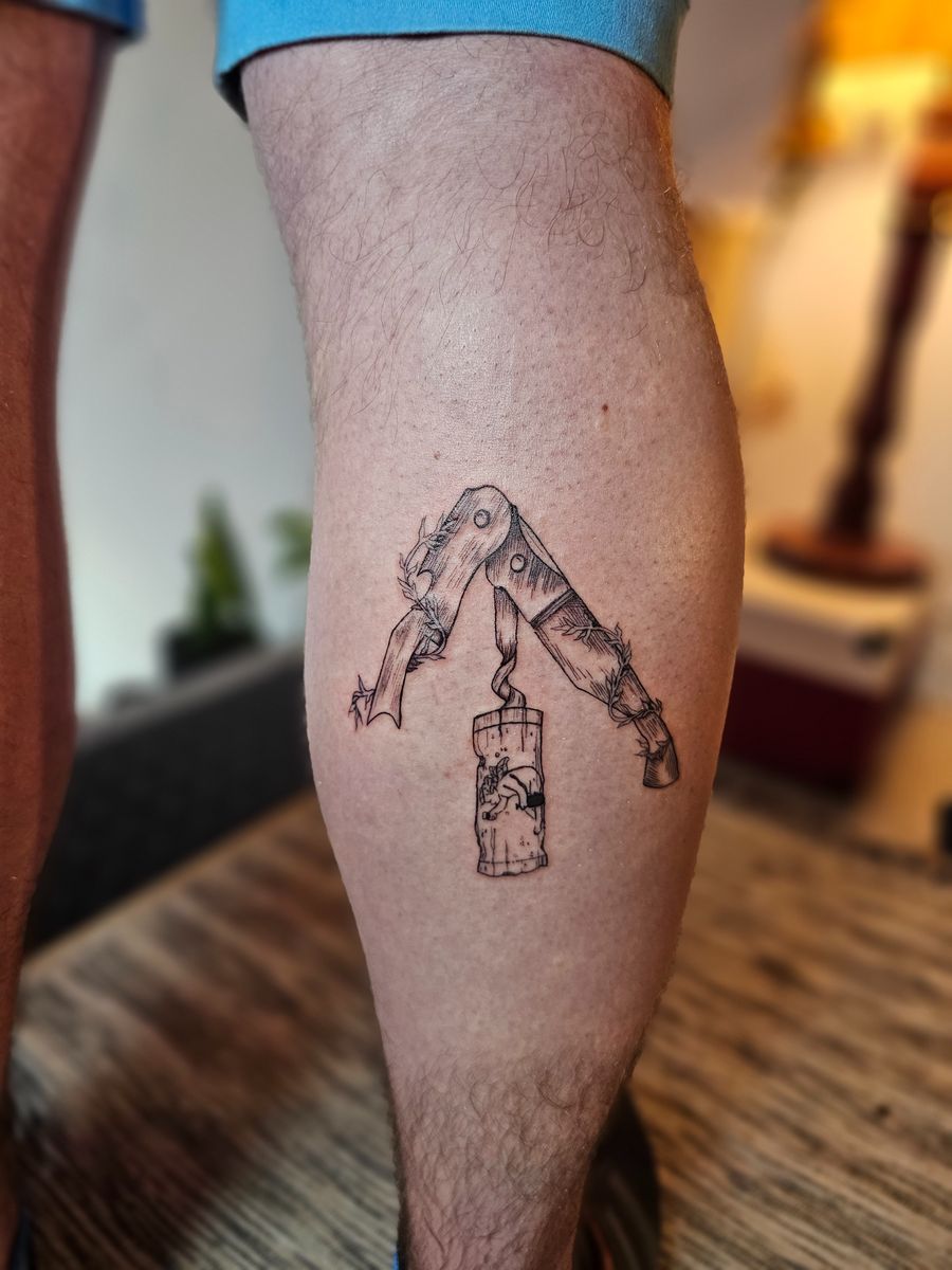 Tattoo uploaded by Katia Barria Tattoo • vintage wine bottle opener fineline tattoo on the calf
