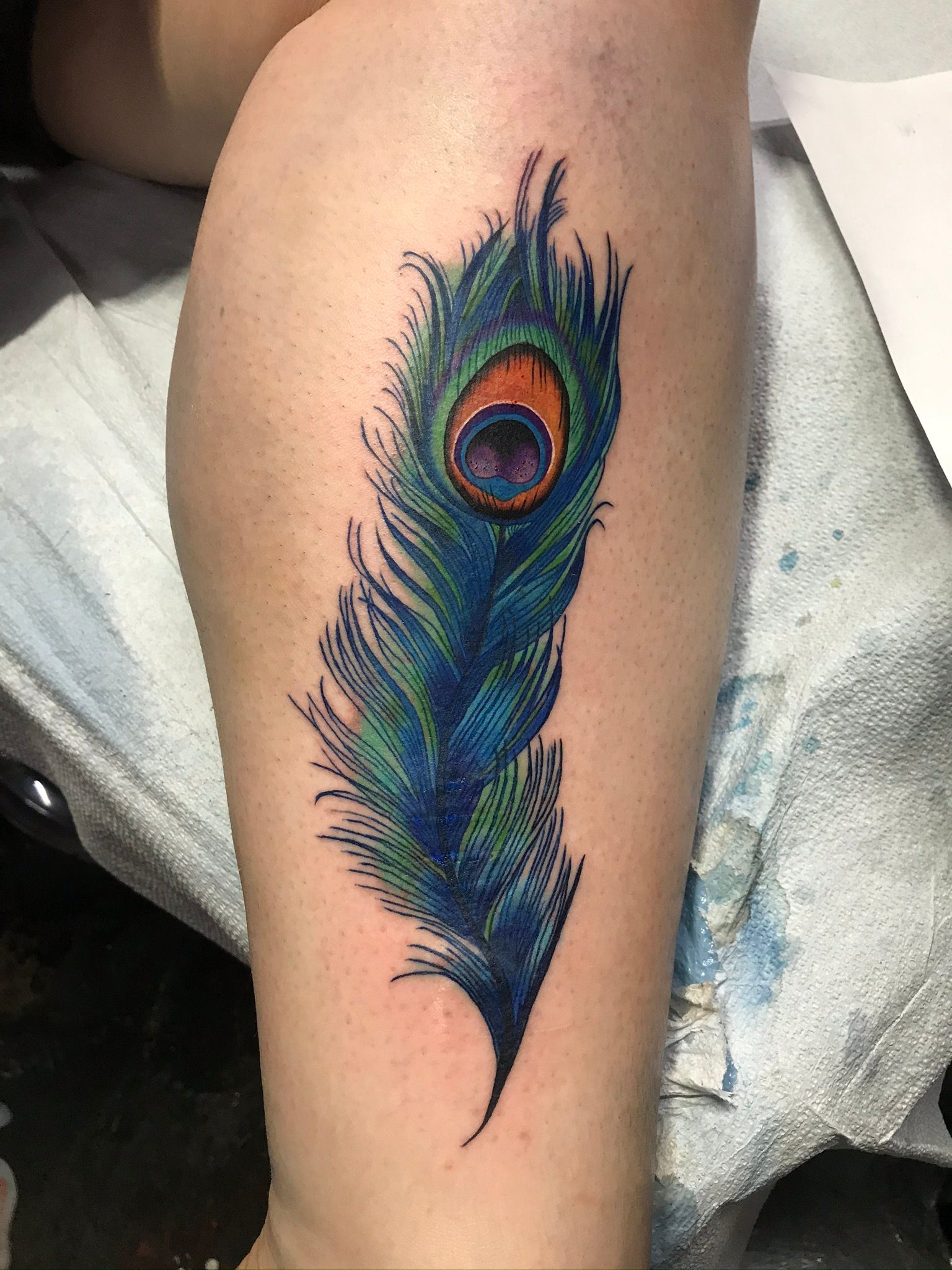Coverup/fix of an old peacock tattoo I had on my shin. Same artist, 11  years difference. Now I love my entire leg sleeve! Done by RD at Shine On  Tattoo in Lawton,