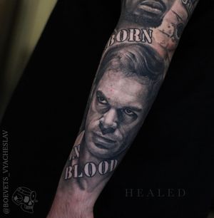 Unique forearm tattoo featuring black and gray lettering of a quote by Michael C Hall, done by the talented artist Slava.
