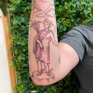 Get a stylish tattoo of Hermes statue on your forearm by artist Chris Harvey. Minimalist design perfect for art lovers!
