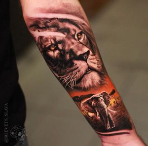 Beautifully detailed elephant and lion tattoos by Slava, creating a stunning and powerful design on your forearm.