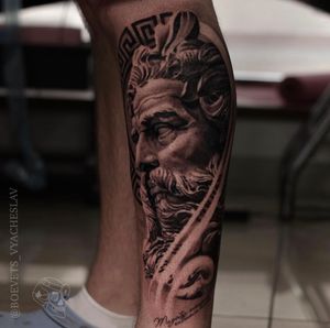 Get inked with a black and gray Poseidon statue tattoo on your lower leg by the talented artist Slava.