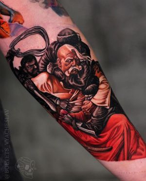 Vibrant and detailed new school tattoo of a man on the forearm, expertly done by tattoo artist Slava.