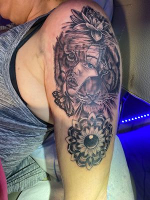 Tiger/Woman half sleeve with flower and mandala 