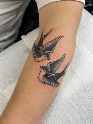 Get a stunning fine line traditional bird tattoo on your arm by the talented artist Claudia Trash. Embrace the beauty of nature with this exquisite design.