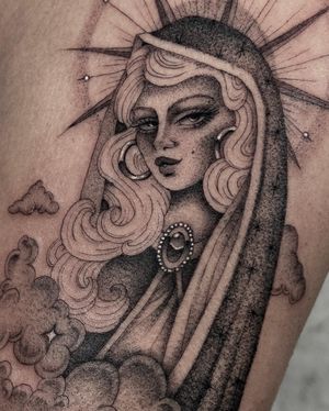 Elegant black and gray fine line tattoo of a lady, beautifully executed by Laura May.