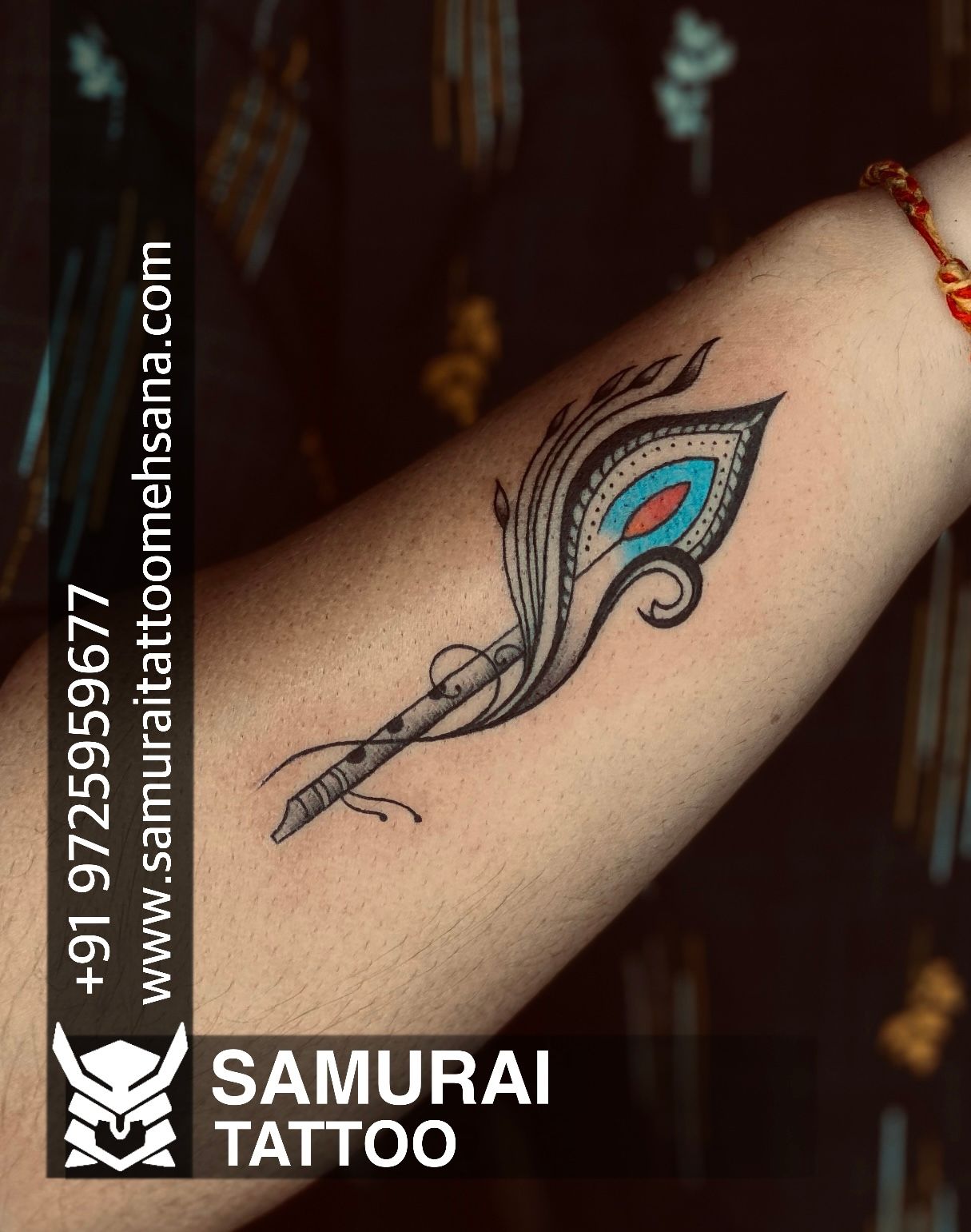 Black Stain tattoo studio - Shree krishna in hindi with flute and feather  tattoo Artist :- @tattooist_dharmesh_magra location :-  @black_stain_tattoo_studio 5 / Basement, Lake Plaza, Nr. Chinmay Crystal,  Opp. Vastrapur Lake,