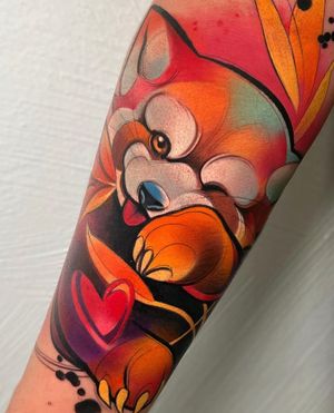 Adorable and vibrant new school style puppy tattoo on the upper leg by Cloto.tattoos. Sure to make heads turn!