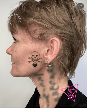 Hand-Poked Skull & Crossbones on the face by Pokeyhontas at KTREW Tattoo - Birmingham UK #handpoketattoo #handpoked #stickandpoketattoo #tattoo #skullandcrossbones #facetattoo
